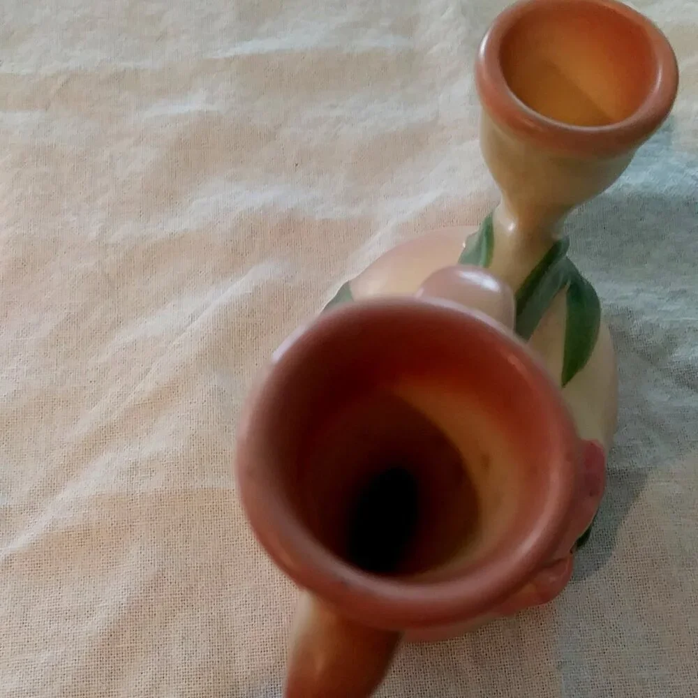 Vintage 1930s Camark Pottery Twin Candle Holder – Pink Iris Floral Art Deco US